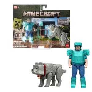 Minecraft Movie Steve in Diamond Armor & Wolf 2 Pack Figure NWT